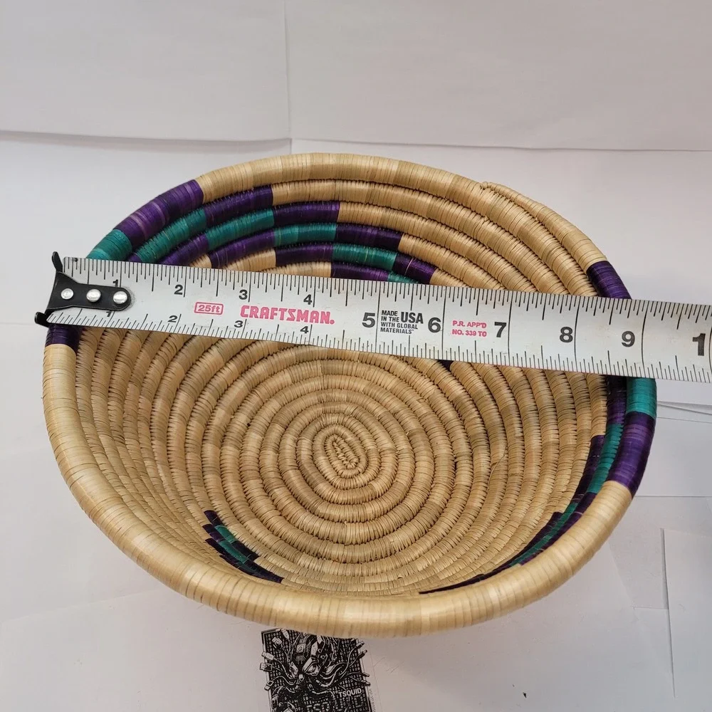 Woven Basket Bowl Home Decor Purple Teal Tan Handcrafted Coiled 9in Weave